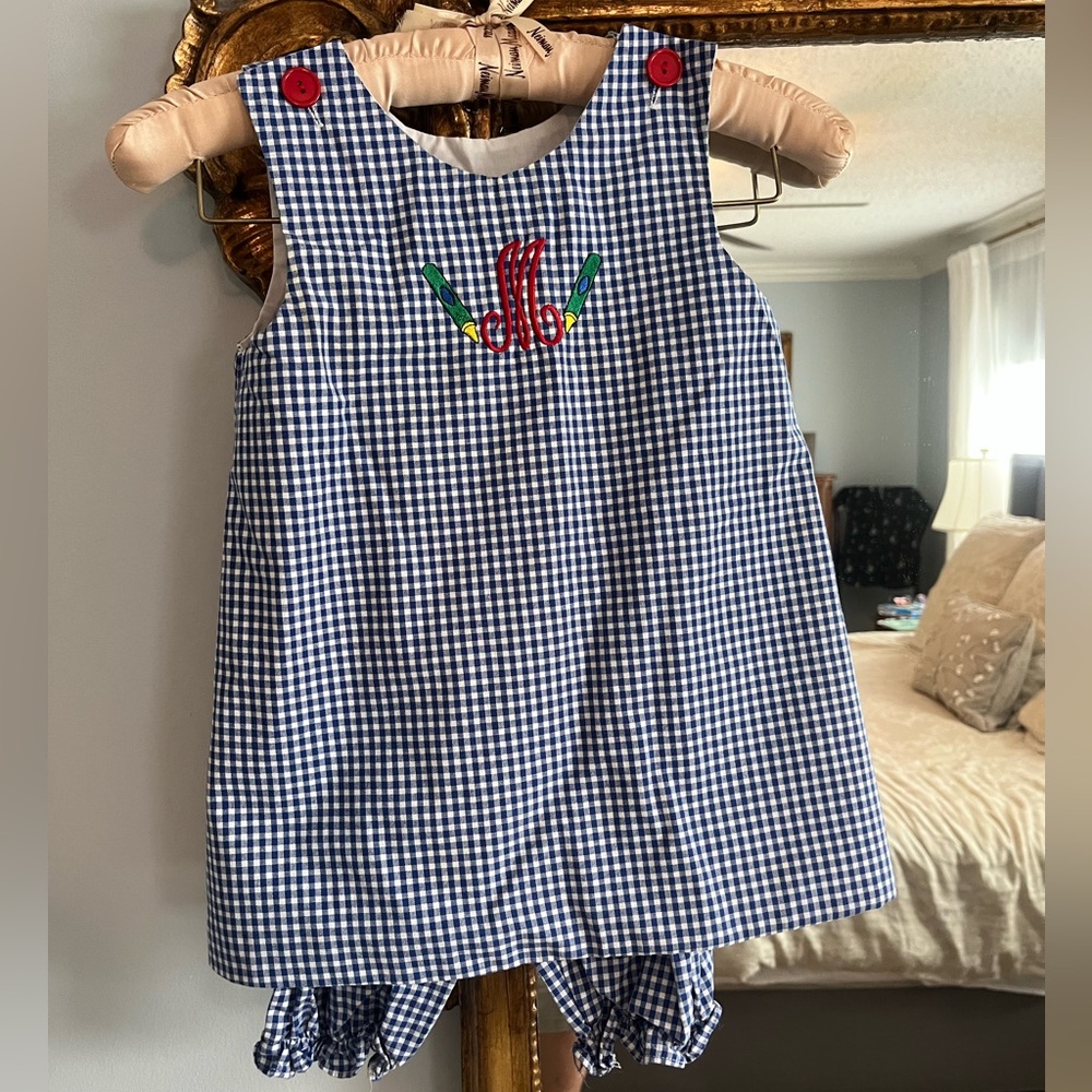 Ragland Blue and White Gingham Toddler Set with Red Embroidery, 4T